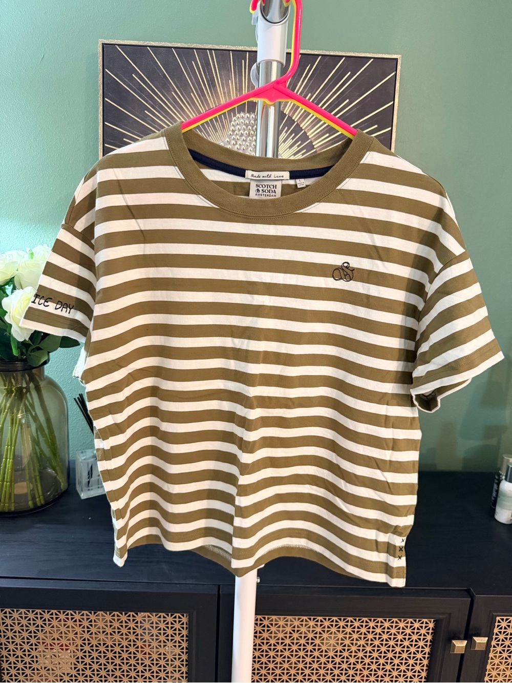 Scotch & Soda Olive and White Striped Crewneck Tee